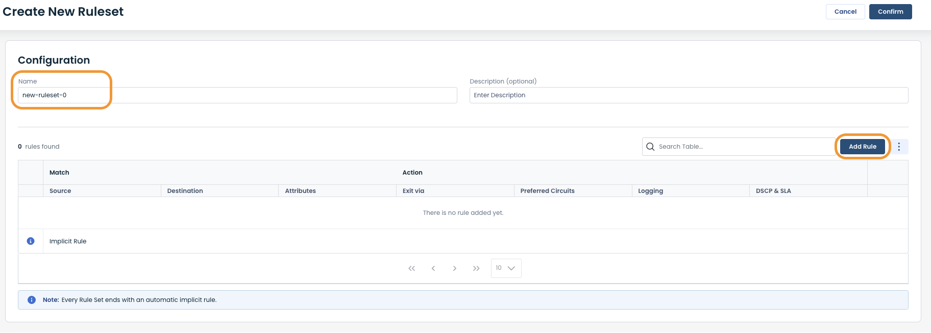 Configuration interface for creating a new ruleset with highlighted name field.